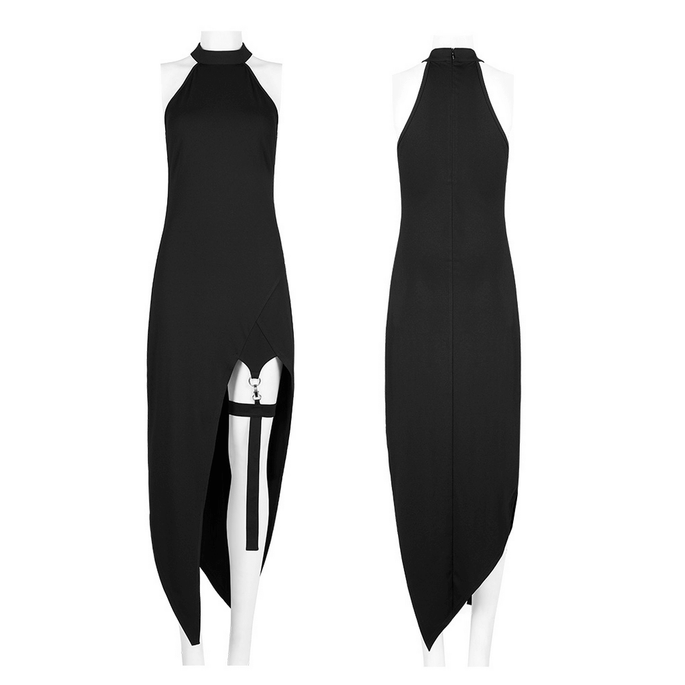 Gothic black asymmetrical dress with punk cross-leg loops and pointed hem, perfect for edgy fashion lovers.