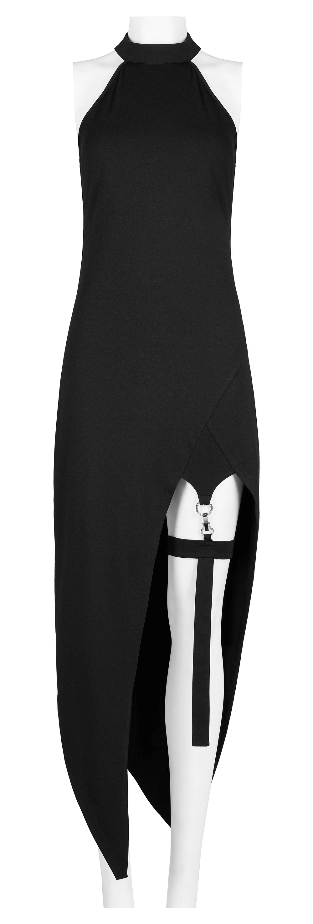 Black asymmetrical dress with punk cross-leg loops, edgy pointed hem, perfect for gothic fashion enthusiasts.