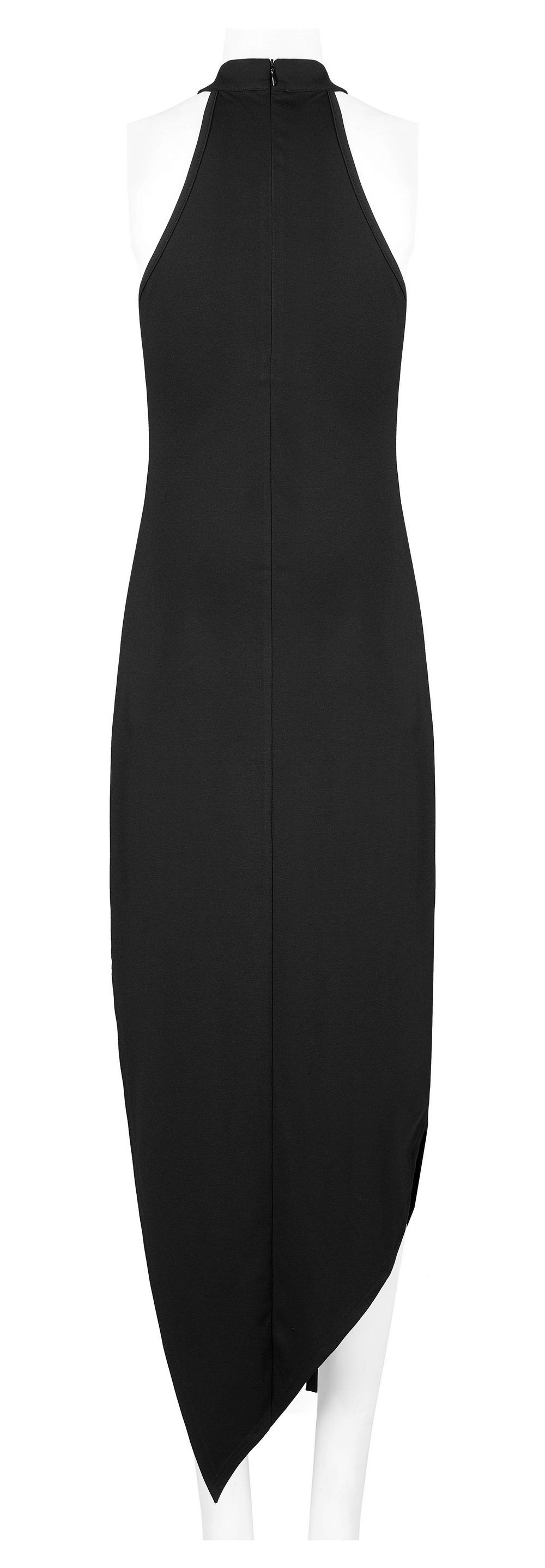 Elegant black asymmetrical dress showcasing edgy punk cross-leg loops and a unique pointed hem design.