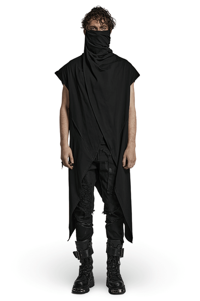 Black asymmetrical knit vest with gothic hem showcased on a model for edgy streetwear fashion.