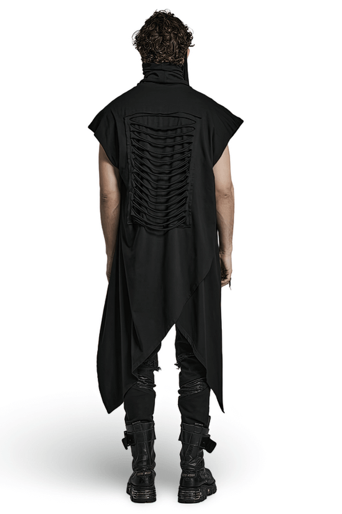 Back view of a black asymmetrical knit vest with a gothic hem and unique design details.