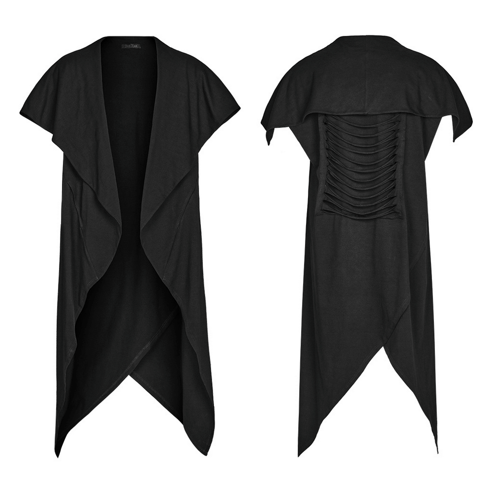 Black asymmetrical knit vest with gothic hem, designed for edgy layering and avant-garde style.