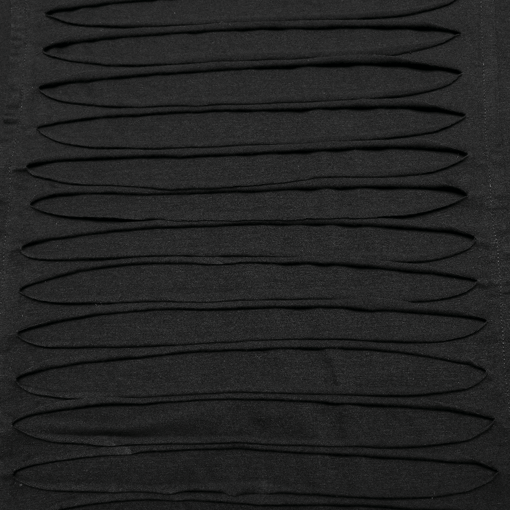 Close-up of the textured fabric of a Black Asymmetrical Knit Vest, showcasing its edgy gothic design and stretch knit details.