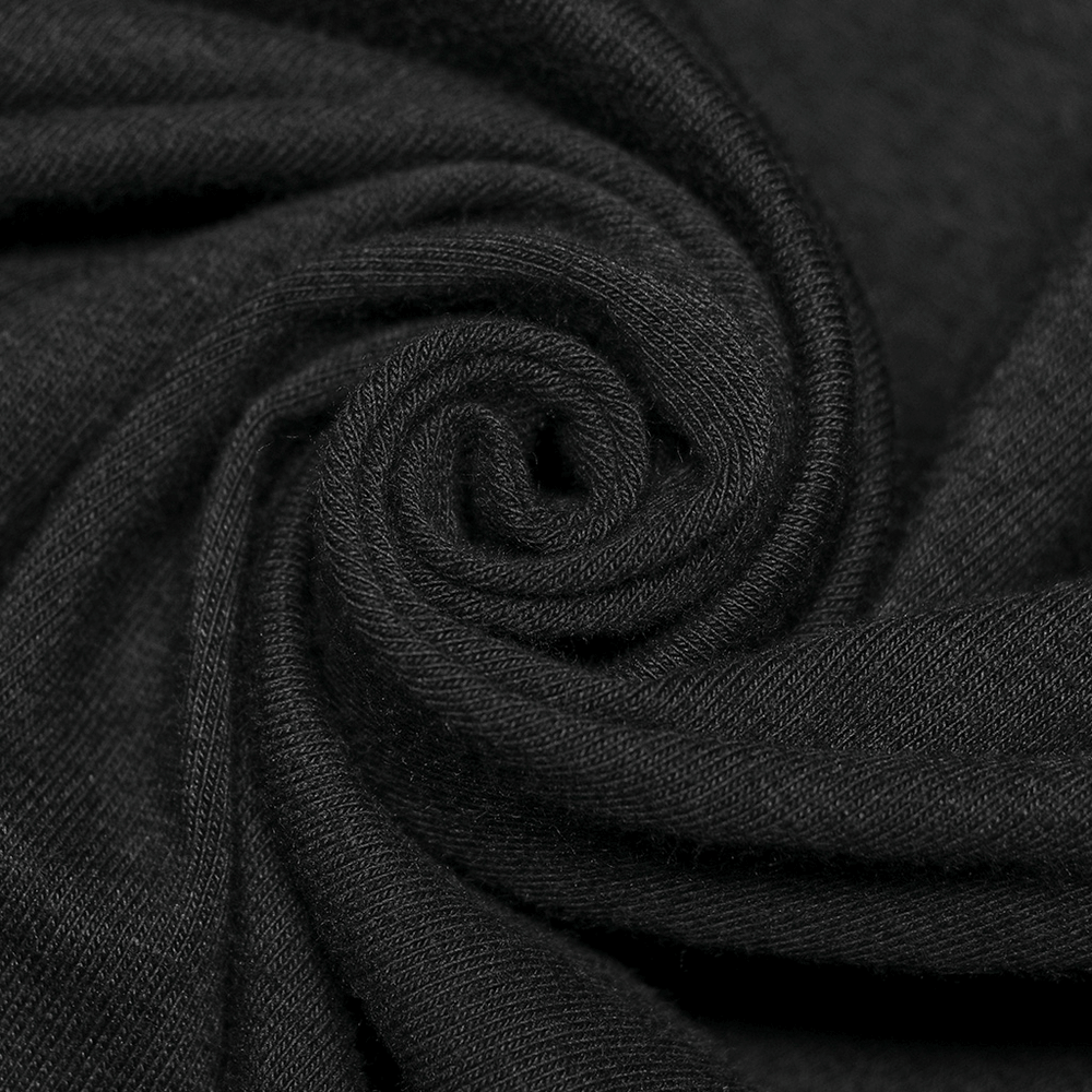 Close-up of soft black stretch knit fabric, showcasing texture for a gothic vest design.