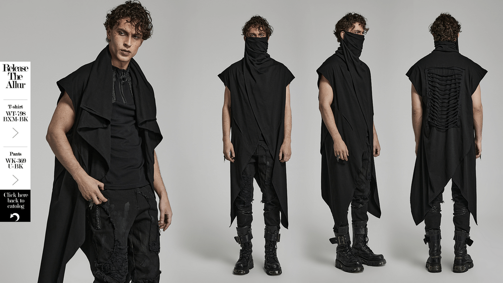 Black asymmetrical knit vest with gothic hem on model, showcasing edgy style and unique personality segmentation design.