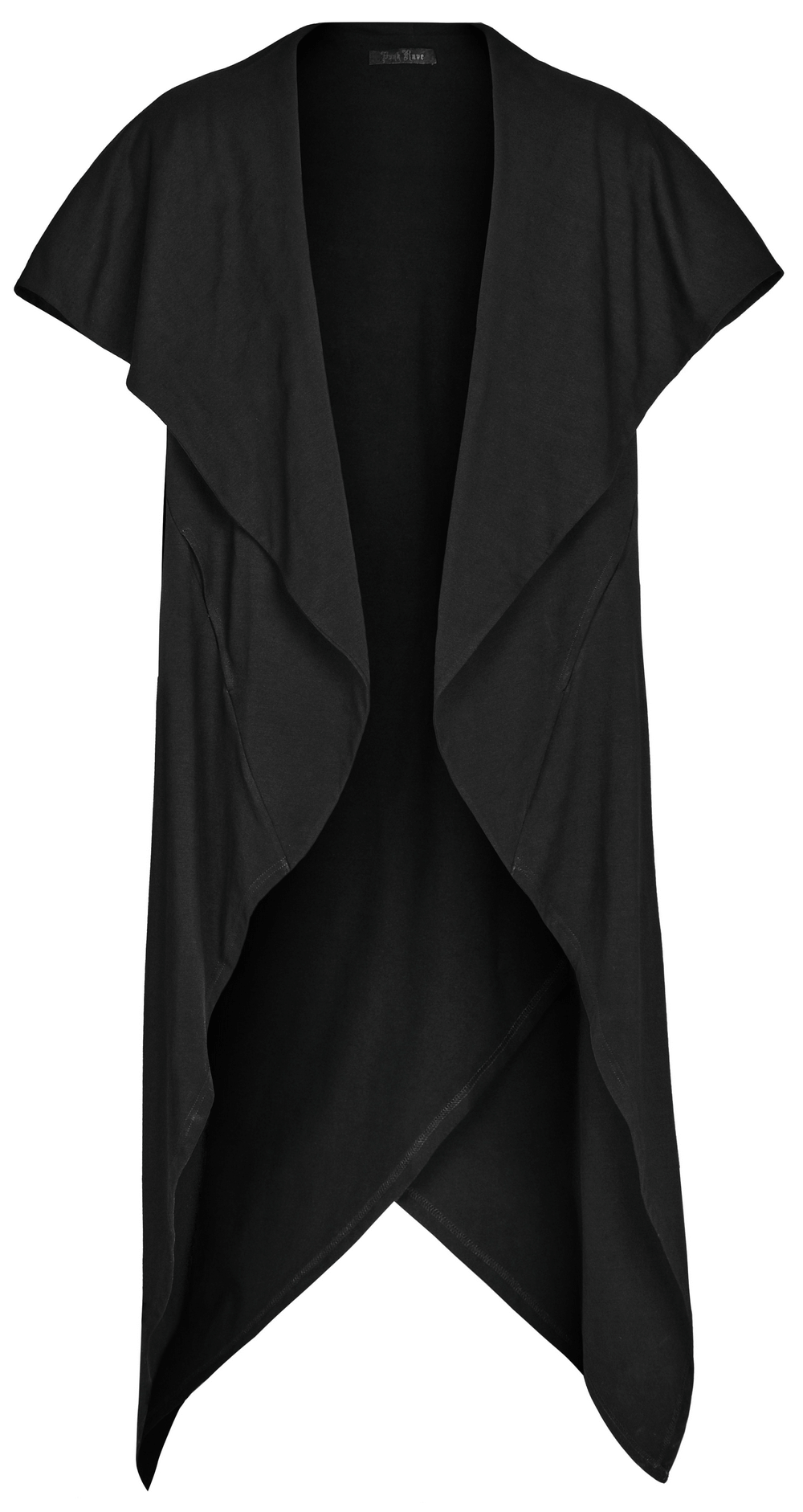 Black asymmetrical knit vest with gothic hem; edgy and stylish layering piece in stretch fabric.