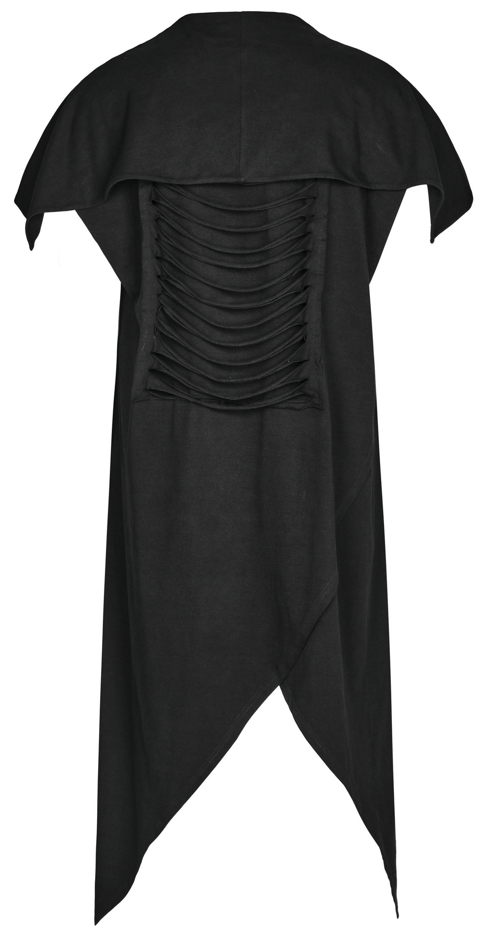 Back view of a Black Asymmetrical Knit Vest featuring a dramatic gothic hem and unique personality segmentation design.
