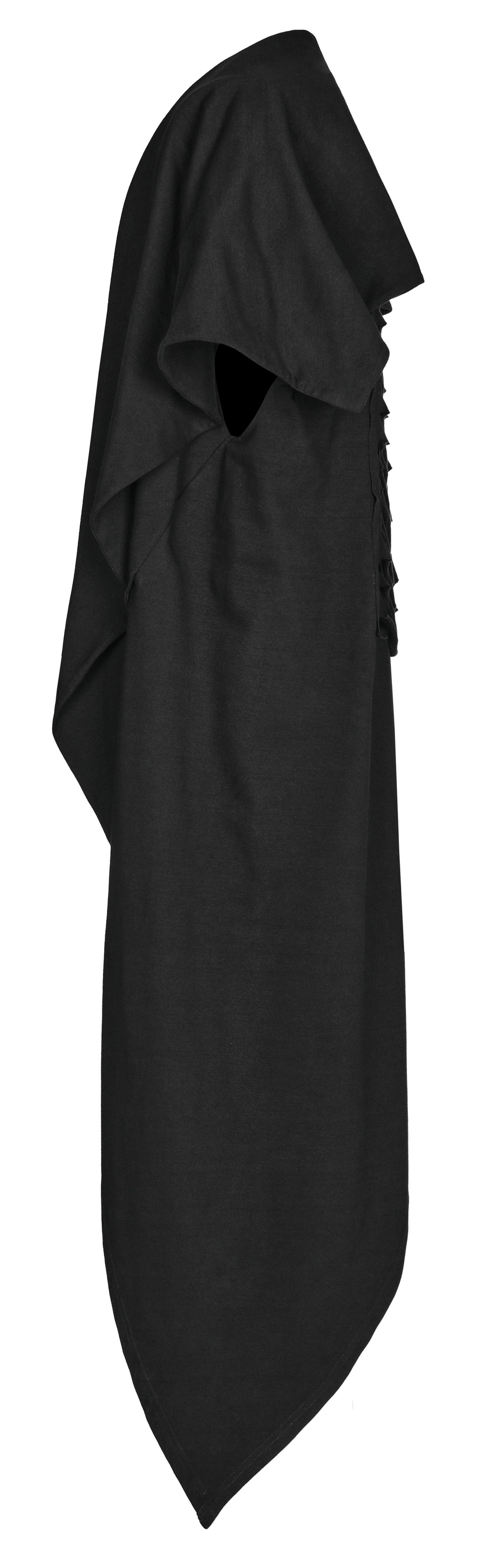 Black asymmetrical knit vest with gothic hem, showcasing edgy design and a dramatic silhouette.