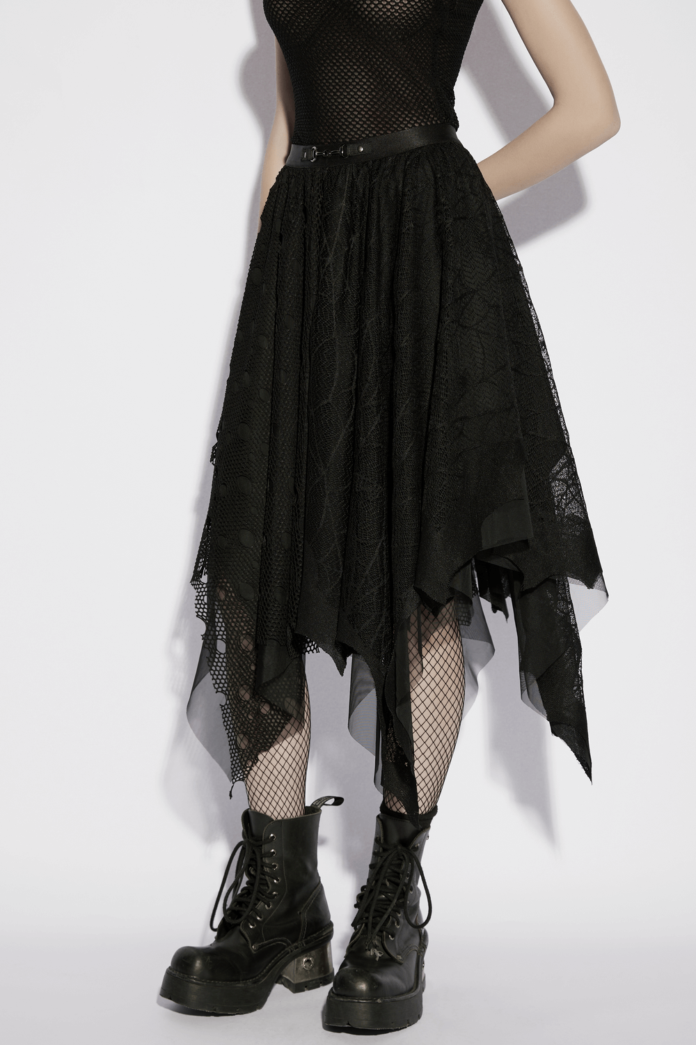 Alt Tag: Black Asymmetrical Layered Midi Skirt for Women with bat mesh jacquard, irregular hem, elastic waist and metal clasp, goth punk style