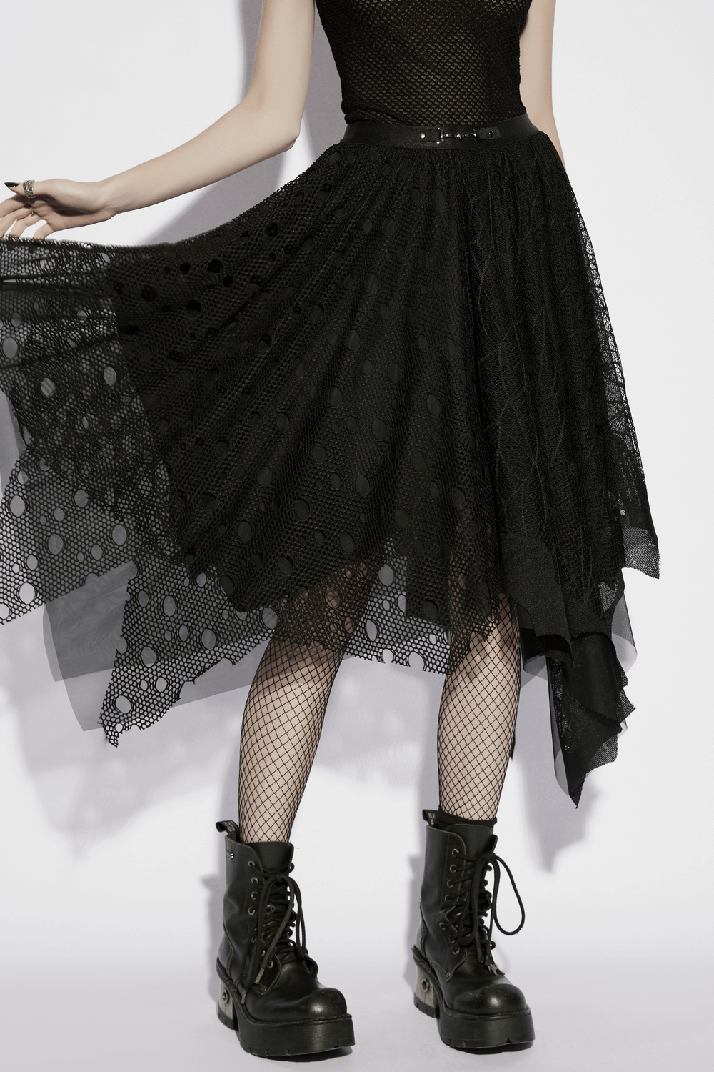 Black Asymmetrical Layered Midi Skirt for Women, goth bat mesh punk A-line skirt with irregular hem, elastic waist and metal clasp