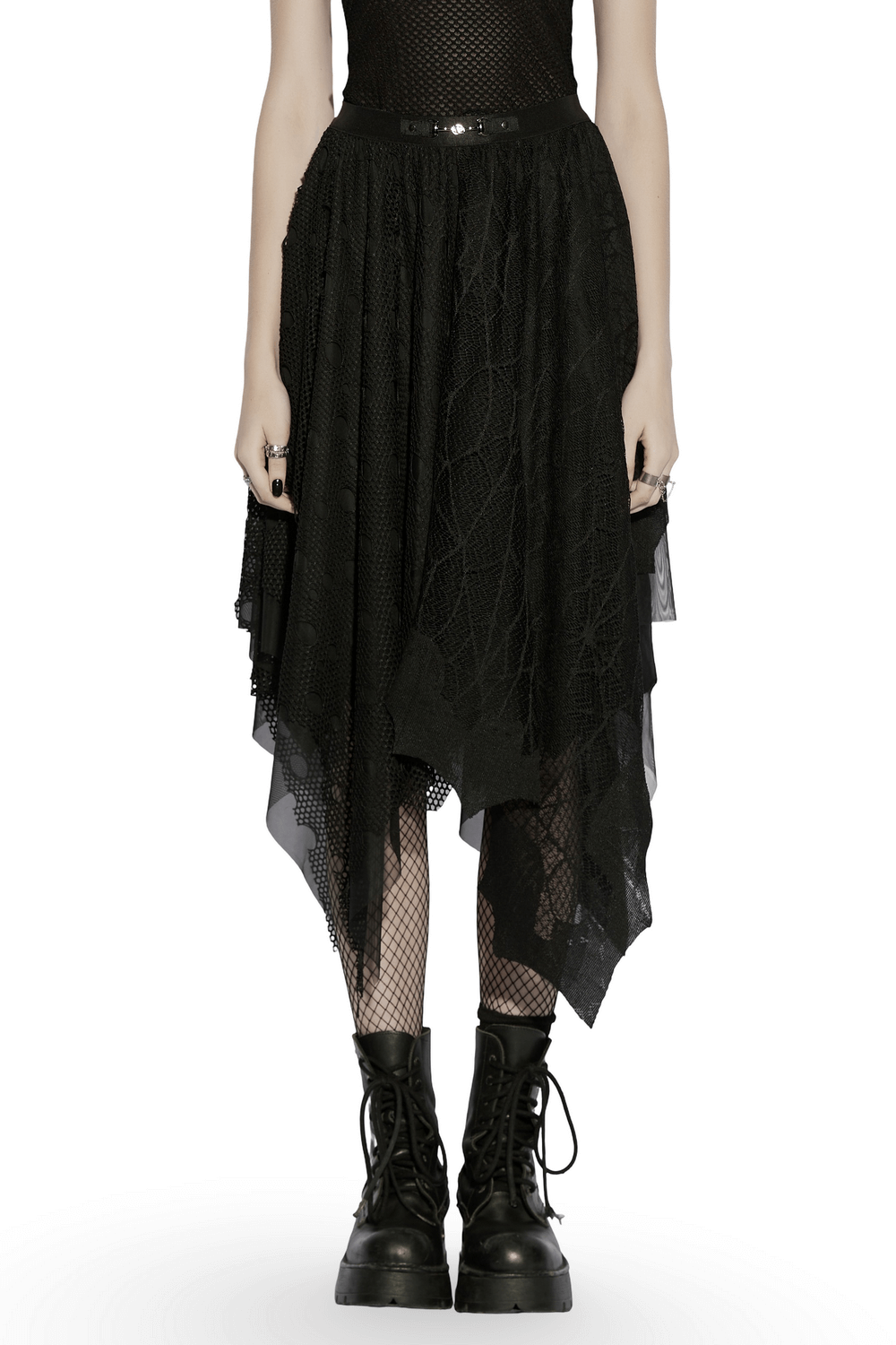 Alt Tag: Black Asymmetrical Layered Midi Skirt for Women goth bat mesh irregular hem A-line with elastic waist and metal clasp, punk concert look