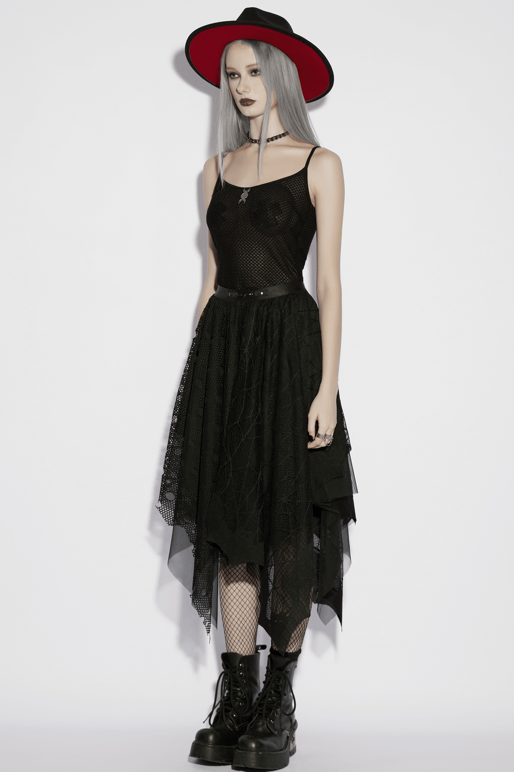 Alt Tag: Black Asymmetrical Layered Midi Skirt for Women with bat mesh layers, irregular hem, elastic waist, punk goth concert look