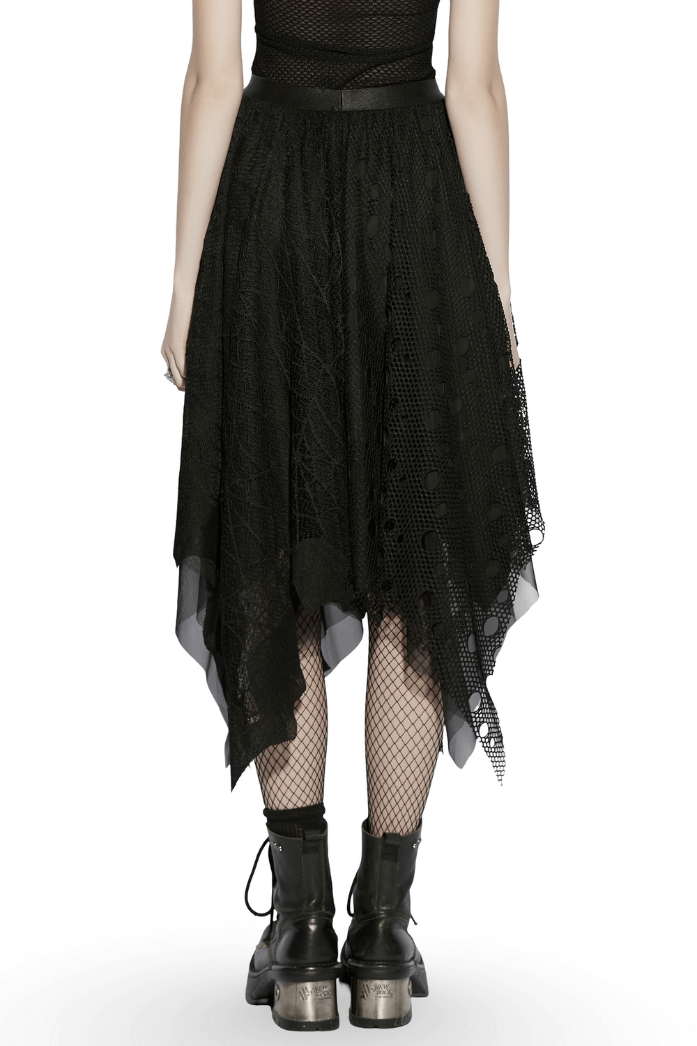 Alt Tag: Black Asymmetrical Layered Midi Skirt for Women with bat mesh jacquard, irregular hem, elastic waist and metal clasp, goth punk style