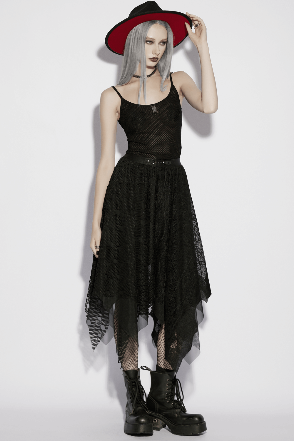 Alt Tag: Black Asymmetrical Layered Midi Skirt for Women in goth bat mesh with irregular hem, elastic waist, metal clasp, punk A-line style