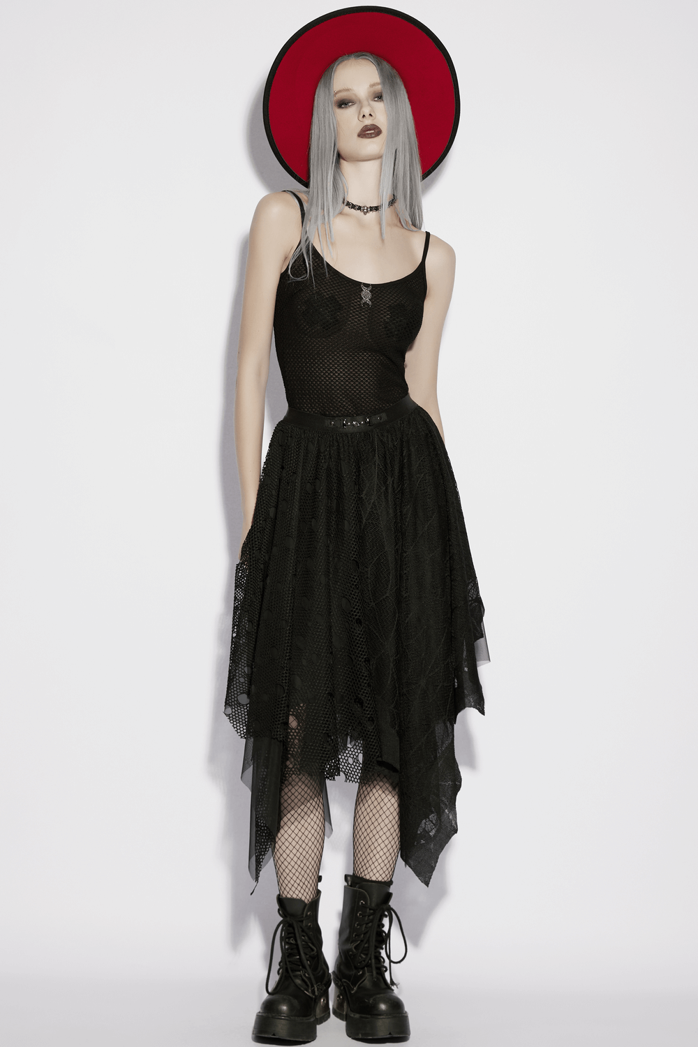 Black Asymmetrical Layered Midi Skirt for Women in goth bat mesh with irregular hem, elastic waist, and metal clasp—punk concert-ready vibes