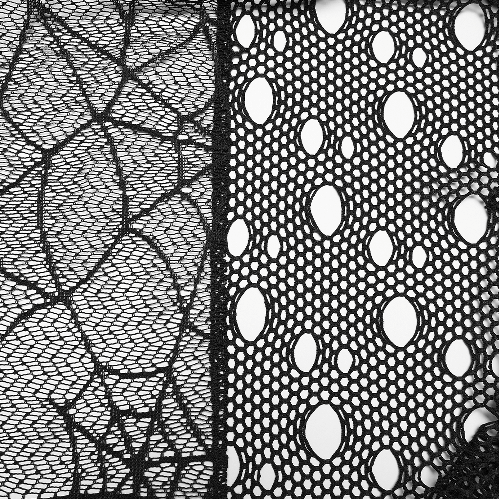 Alt Tag: Black Asymmetrical Layered Midi Skirt for Women close-up of bat jacquard mesh and fishnet layering, goth punk texture detail