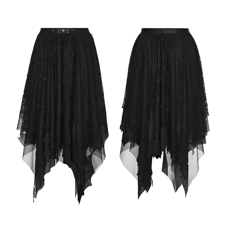 Alt Tag: Black Asymmetrical Layered Midi Skirt for Women, goth bat mesh irregular hem A-line skirt with elastic waist and metal clasp