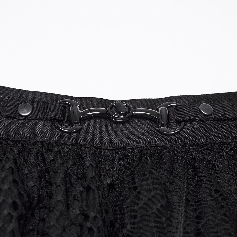 Alt Tag: Black Asymmetrical Layered Midi Skirt for Women close-up of elastic waistband with metal clasp and bat mesh jacquard texture
