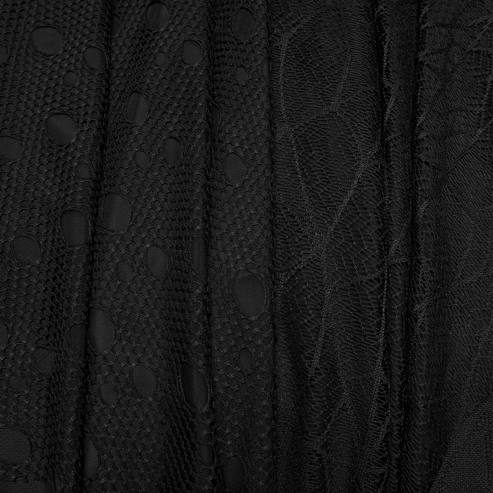 Black Asymmetrical Layered Midi Skirt for Women close-up of bat jacquard mesh fabric layers, goth punk texture detail