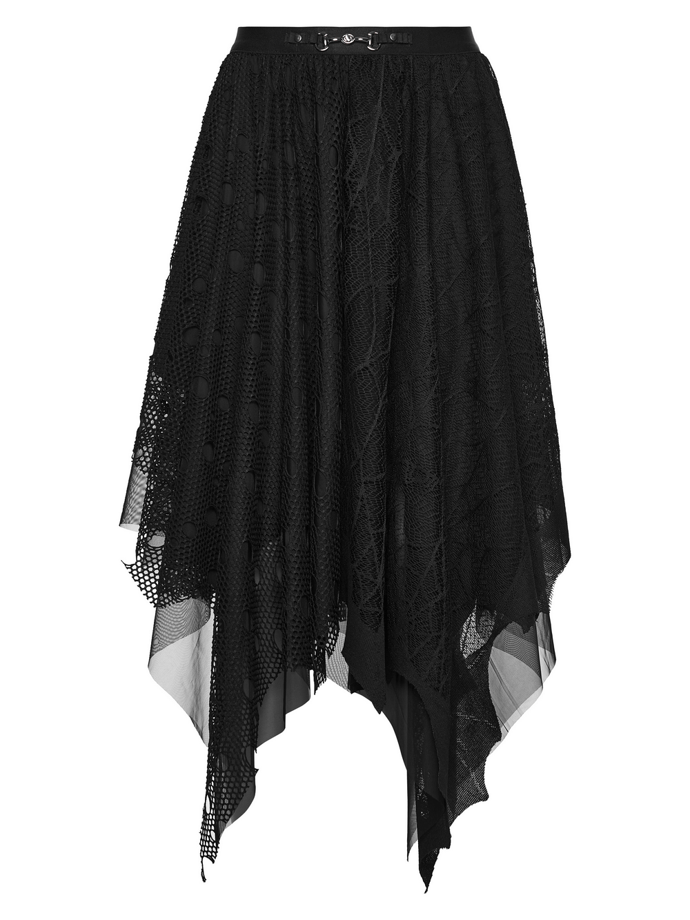 Alt Tag: Black Asymmetrical Layered Midi Skirt for Women, goth bat mesh punk A-line with elastic waistband, metal clasp, irregular hem