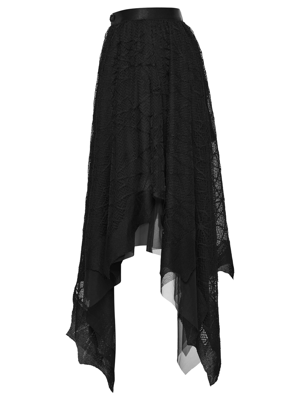 Alt Tag: Black Asymmetrical Layered Midi Skirt for Women with bat mesh jacquard, elastic waist, metal clasp, irregular hem goth punk A-line