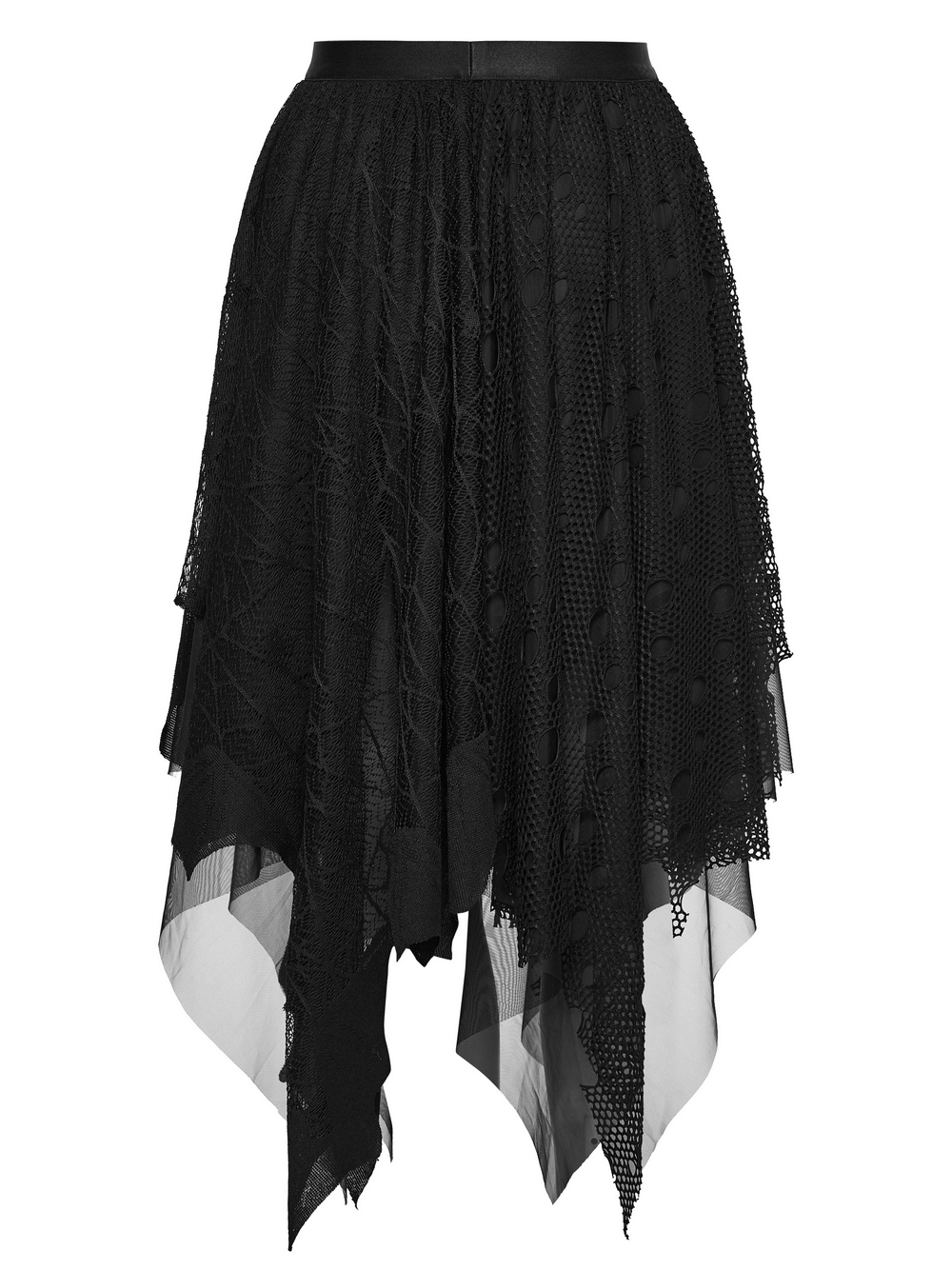 Alt Tag: Black Asymmetrical Layered Midi Skirt for Women goth bat mesh punk A-line elastic waist metal clasp irregular hem