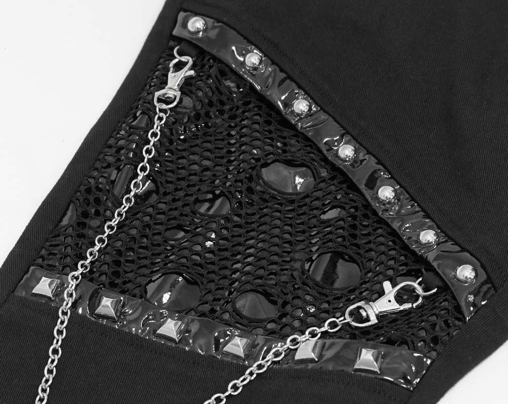 Black asymmetrical pants detail with silver chains, spikes, and mesh for a trendy gothic style.