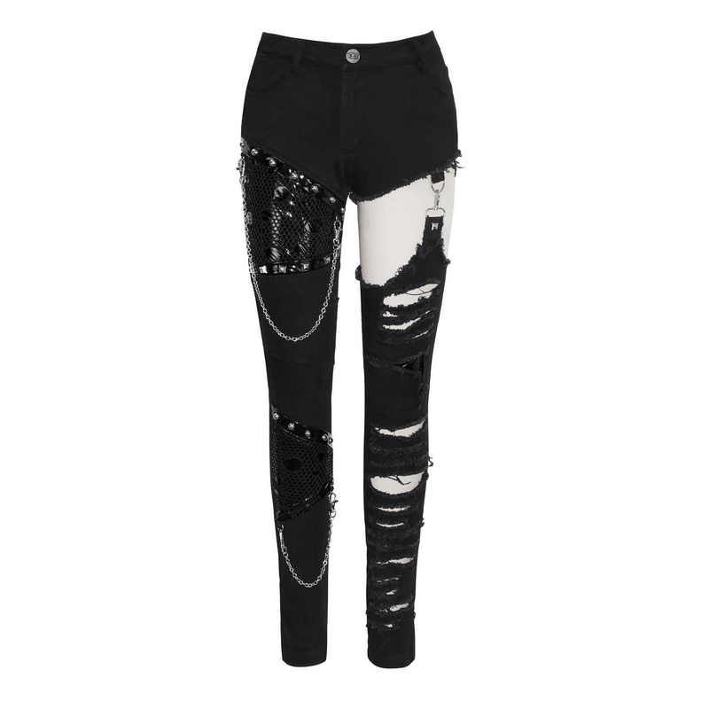 Trendy black asymmetrical skinny pants with chains and ripped effect for a gothic style wardrobe.
