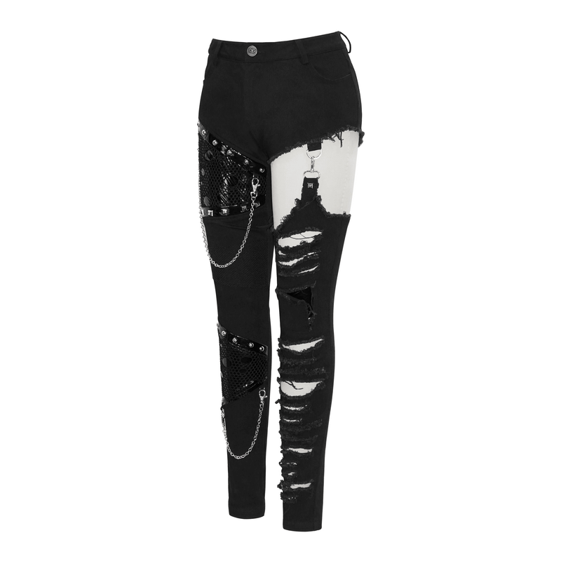 Women's black asymmetrical gothic pants with ripped effect, chains, and silver rivets. Trendy and stylish addition to your wardrobe.