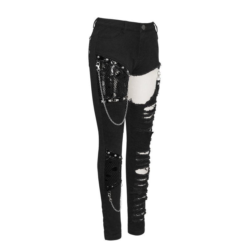 Black asymmetrical gothic skinny pants with ripped effect, chains, and silver rivets, showcasing edgy fashion.