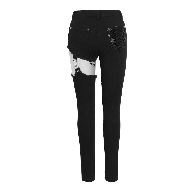 Womens black asymmetrical pants with ripped effect and stylish chain accents, perfect for gothic fashion.