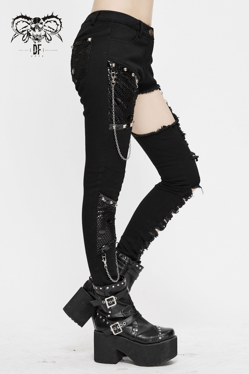 Black asymmetrical skinny pants with chain and ripped details, perfect for gothic style outfits.