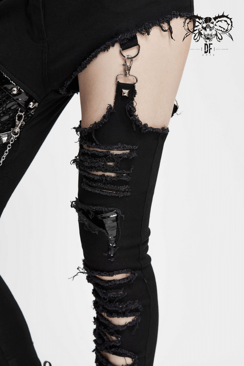 Black Asymmetrical Pants with Chain / Gothic Skinny Trousers with Ripped Effect - HARD'N'HEAVY