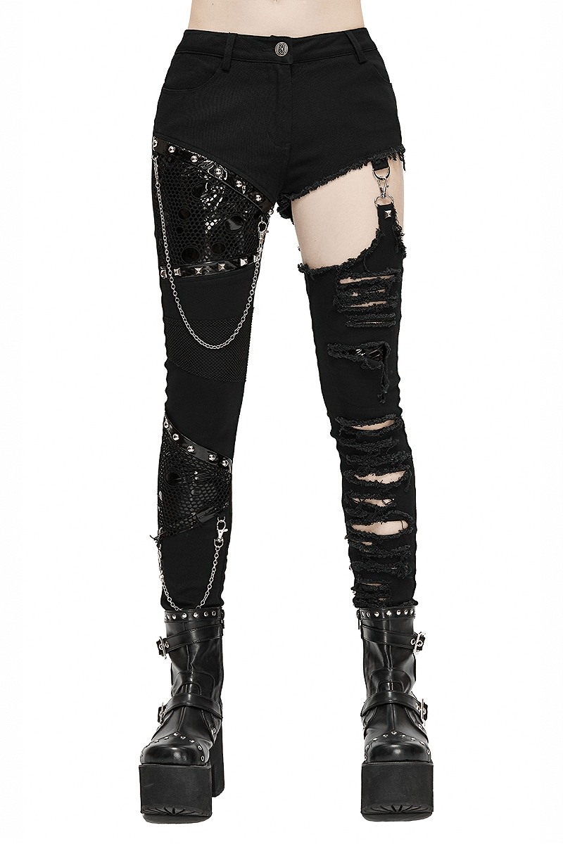 Black Asymmetrical Pants with Chain / Gothic Skinny Trousers with Ripped Effect - HARD'N'HEAVY