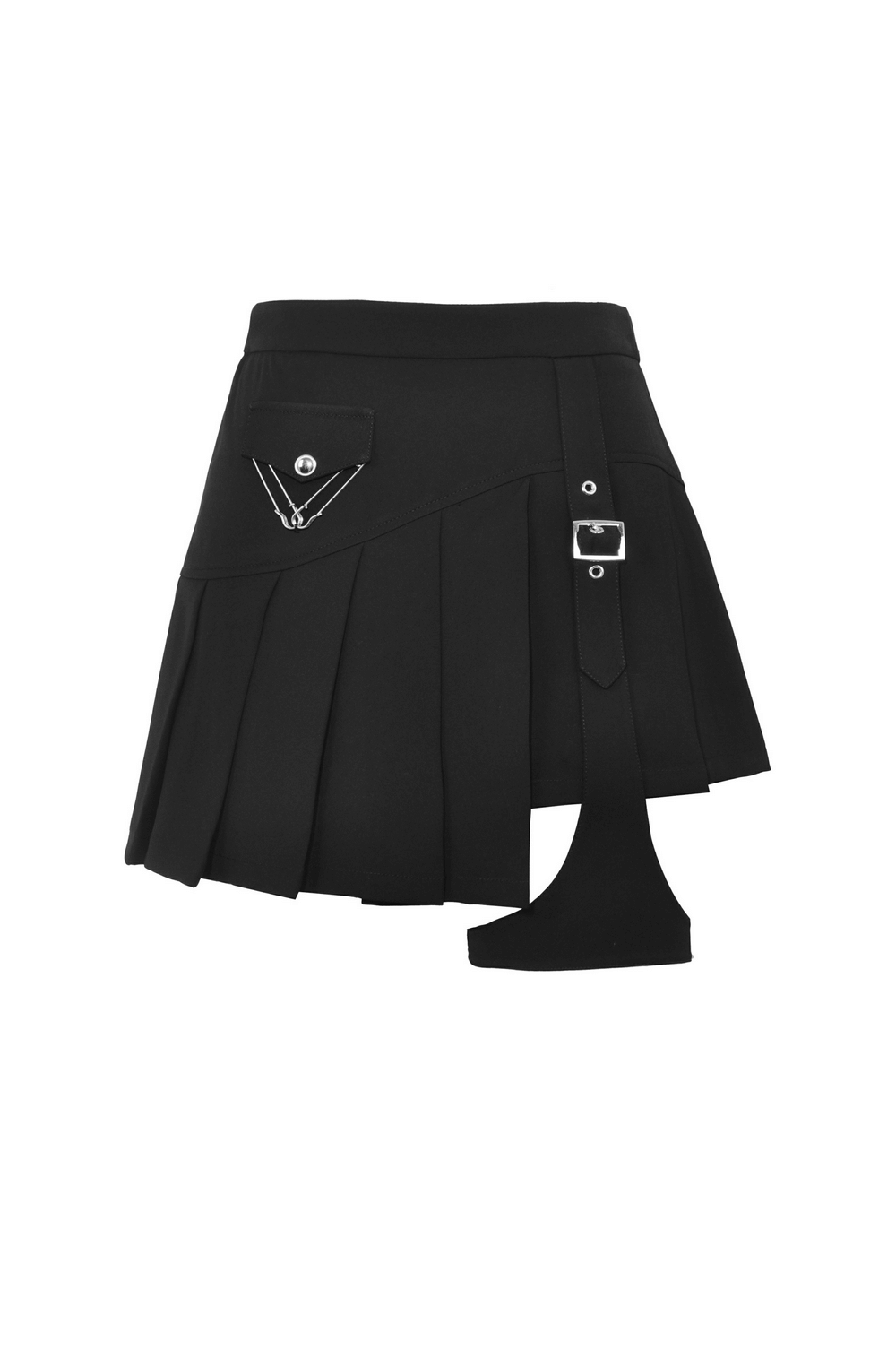 Black asymmetrical pleated punk skirt with buckle and safety pins, perfect for rockstar-inspired outfits.