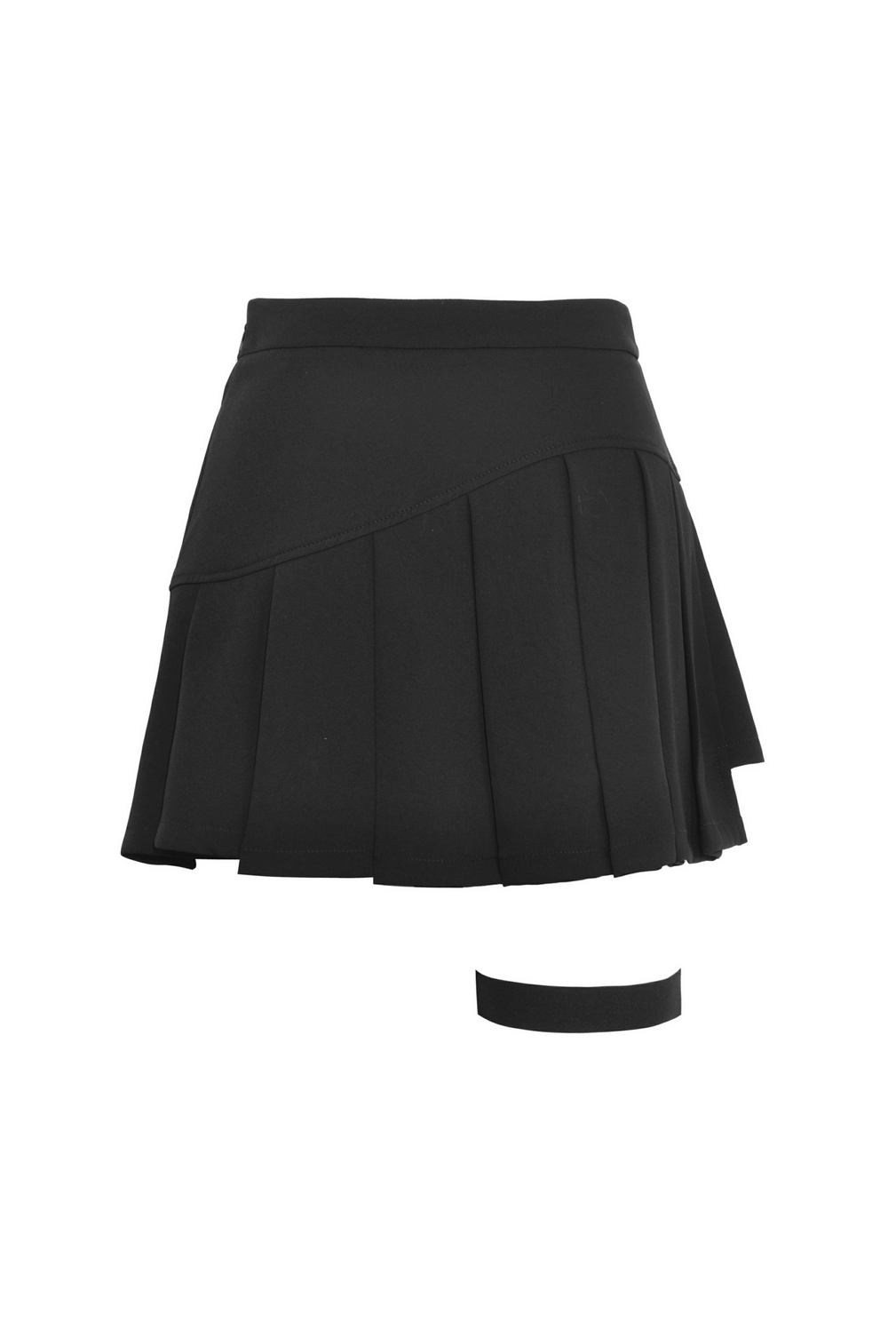 Black asymmetrical pleated punk mini skirt with edgy safety pins and buckle detail.