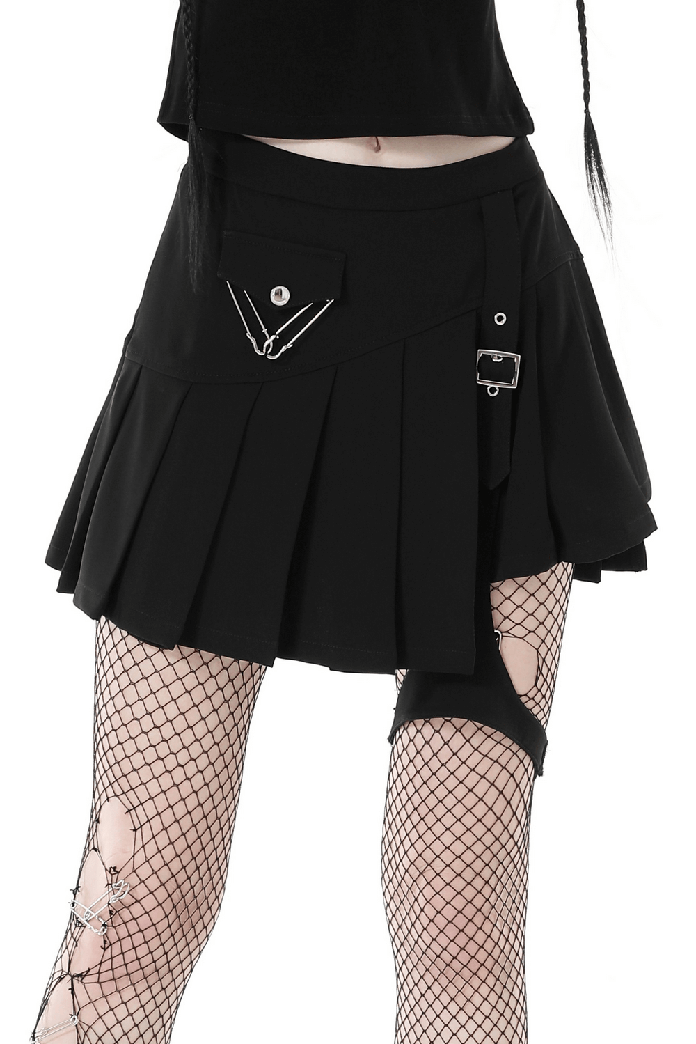Black asymmetrical pleated punk skirt with safety pins and buckle detail, perfect for a gothic rock style.