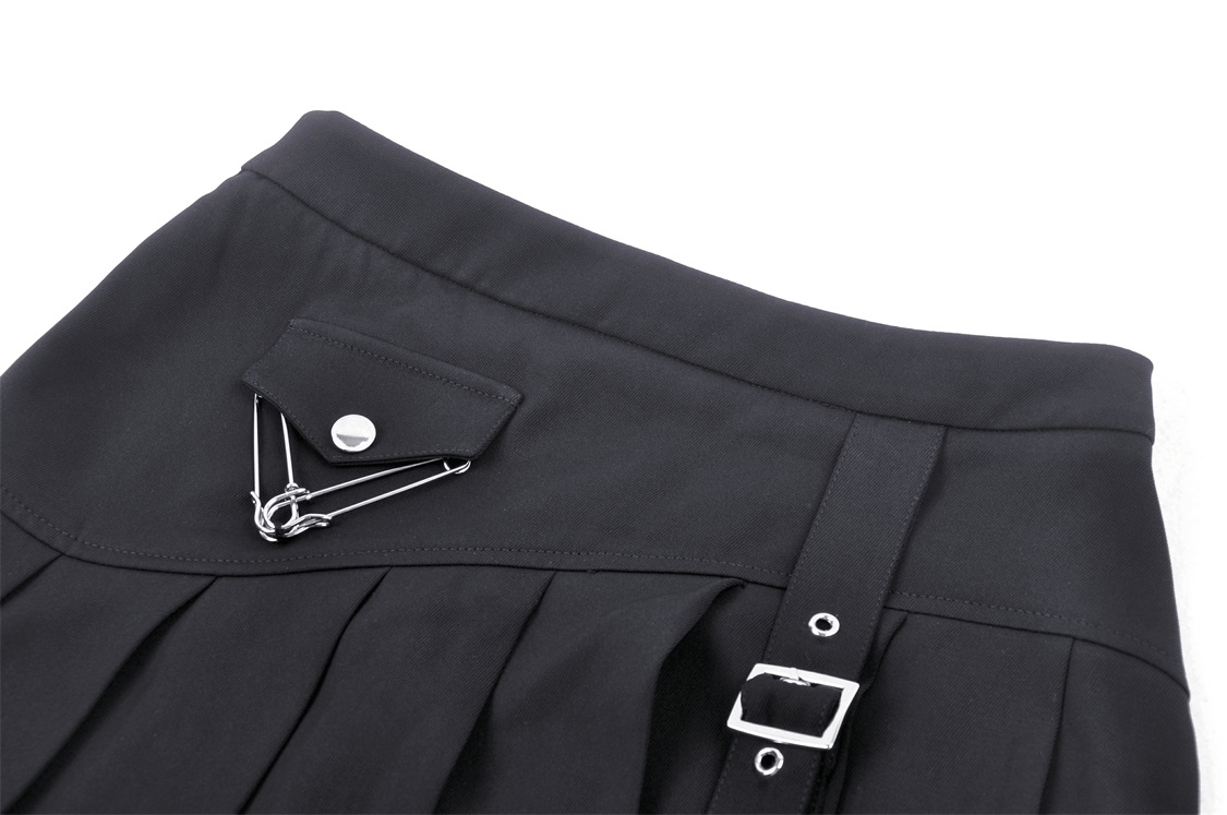 Black Asymmetrical Pleated Punk Skirt with Safety Pins