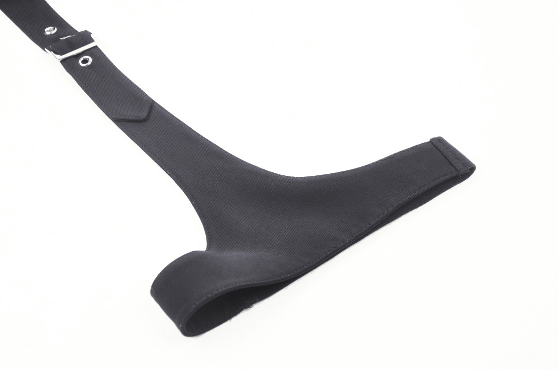 Sleek black suspenders with adjustable buckle for a stylish, edgy accessory in any punk outfit.