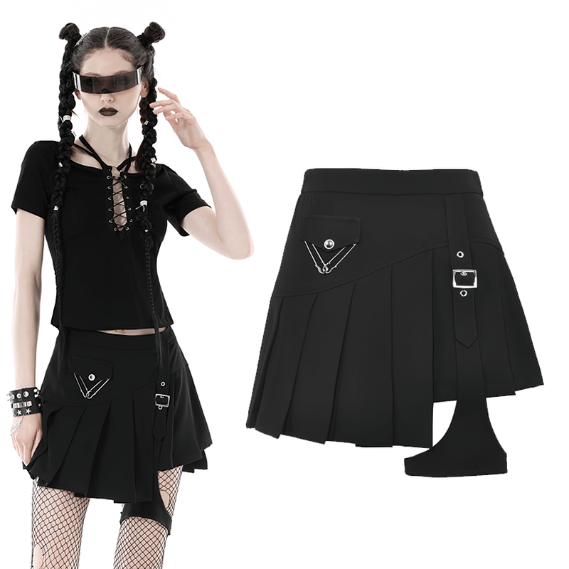 Black asymmetrical pleated punk skirt with buckle detail and safety pins, perfect for a gothic rockstar look.