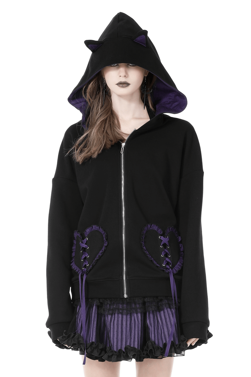 Black Bat Wing Cat Ear Hoodie with Lace-Up Detail