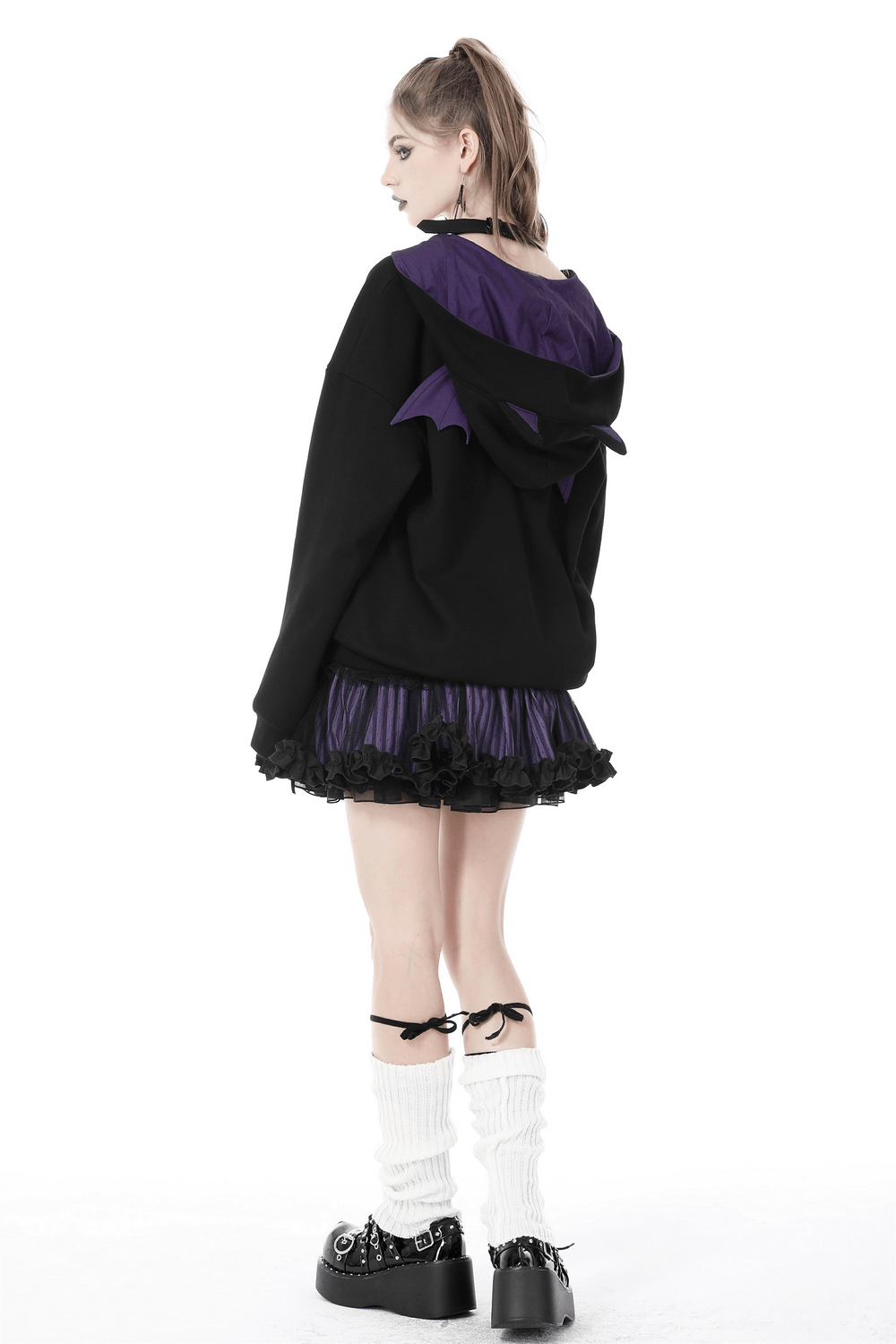 Black Bat Wing Cat Ear Hoodie with Lace-Up Detail