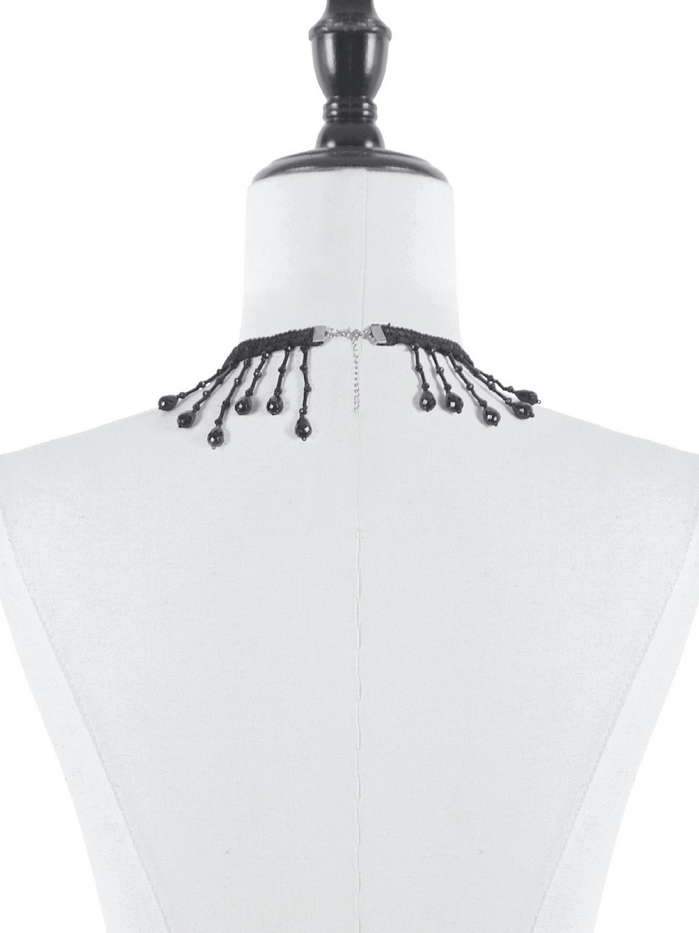Black Beaded Fringe Choker Necklace Gothic Collar shown from the back, featuring lace and bead fringe for gothic style.