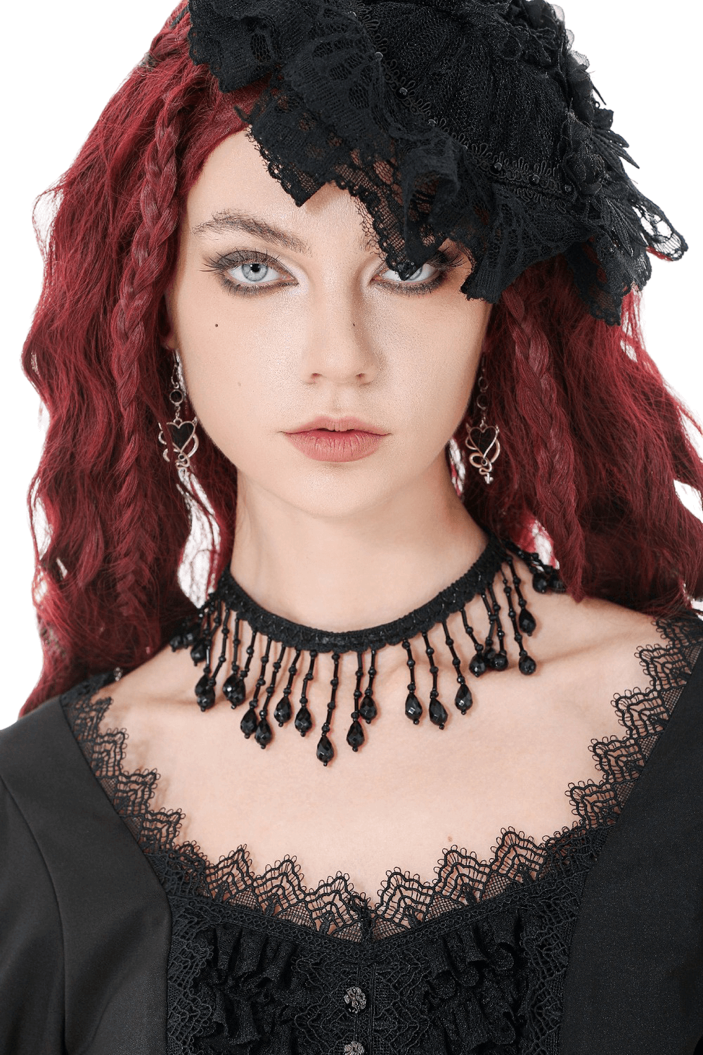 Black Beaded Fringe Choker Necklace Gothic Collar worn by a model with red hair, showcasing its lace and bead design.