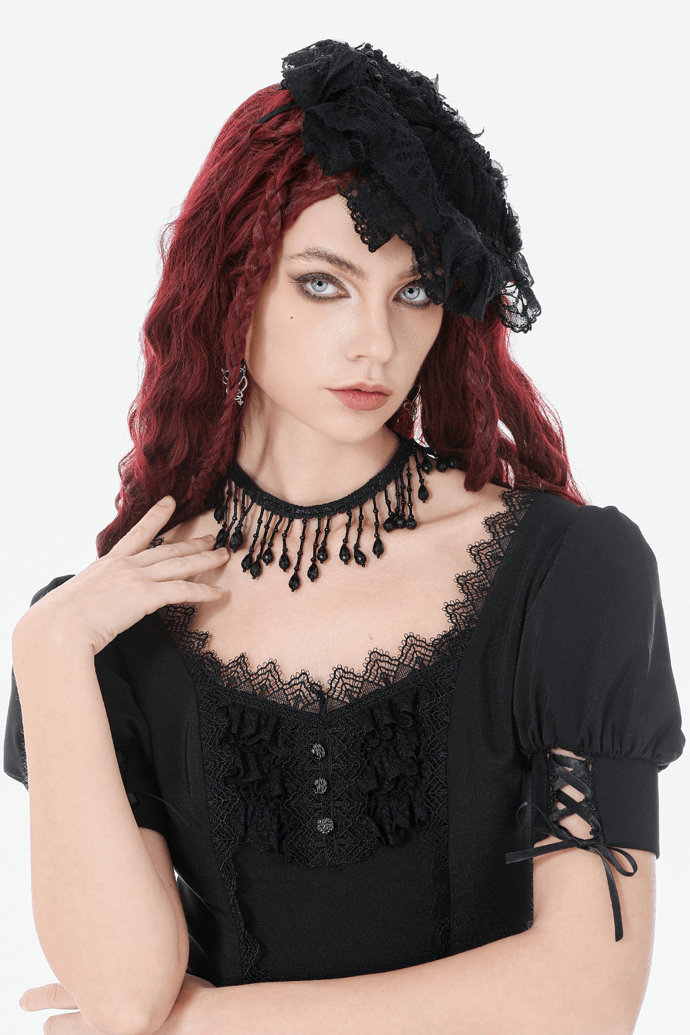 Black Beaded Fringe Choker Necklace Gothic Collar worn by model with red hair and black attire.