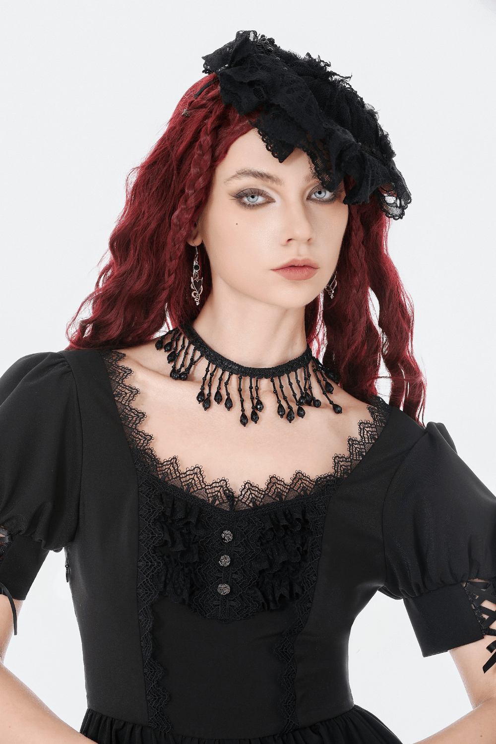 Black Beaded Fringe Choker Necklace Gothic Collar styled with a black dress and lace accessories for a gothic look.
