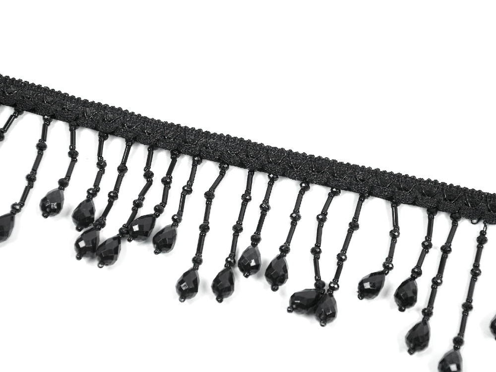 Black Beaded Fringe Choker Necklace Gothic Collar lace detail with shimmering bead fringe for gothic style accessorizing.