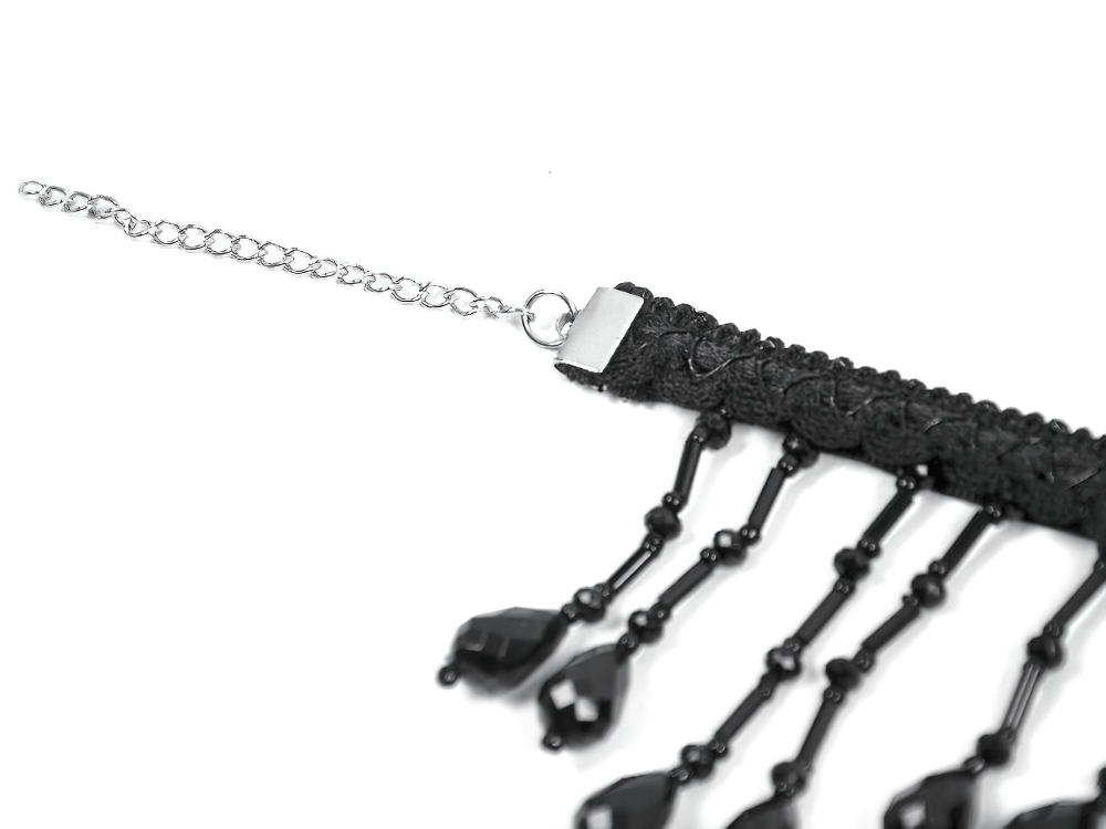 Black Beaded Fringe Choker Necklace Gothic Collar showing intricate black lace and shimmering bead fringe detail.