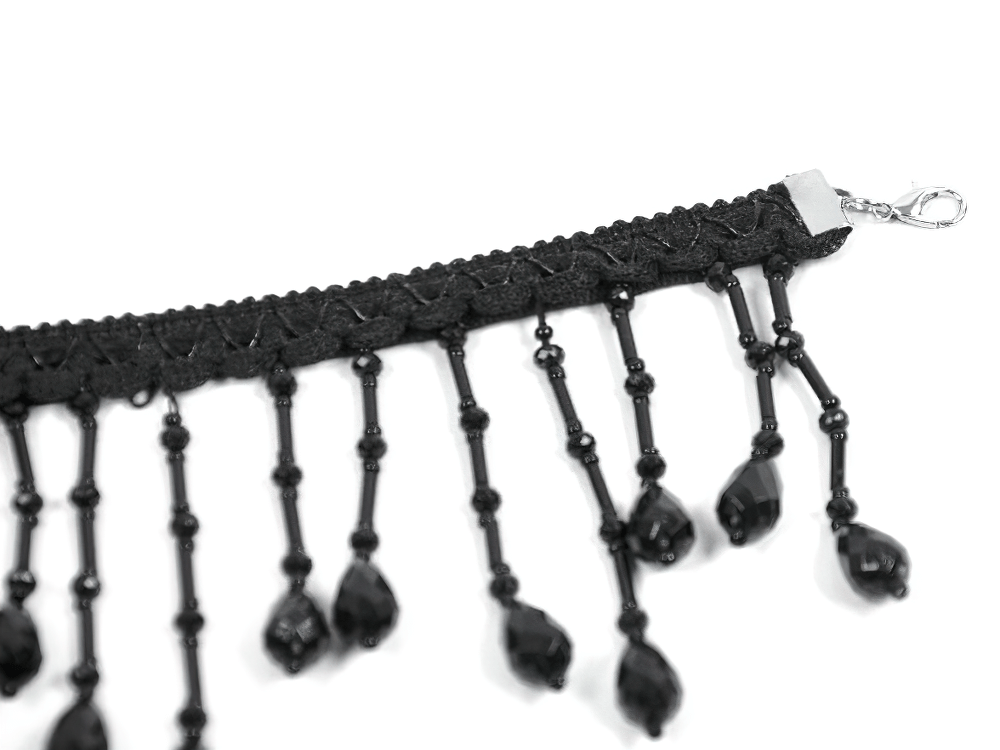 Black Beaded Fringe Choker Necklace Gothic Collar with delicate lace and shimmering bead fringe for a dramatic touch.
