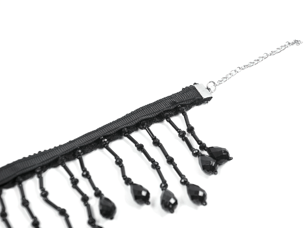 Black Beaded Fringe Choker Necklace Gothic Collar featuring delicate lace and shimmering bead fringe.